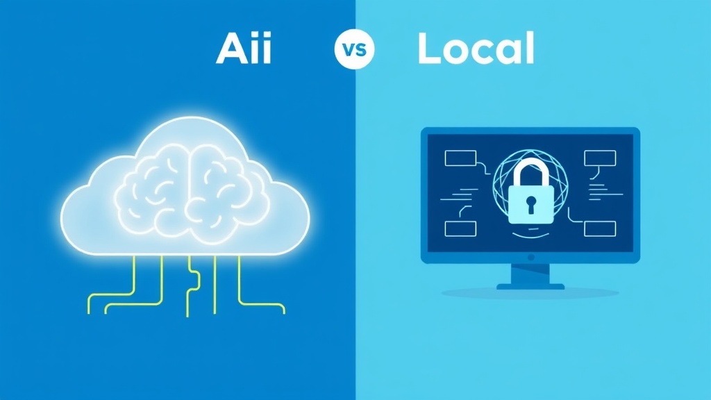 Comparaison visuelle entre un LLM dans le cloud et un LLM local, deux cerveaux numériques séparés par un symbole de cadenas